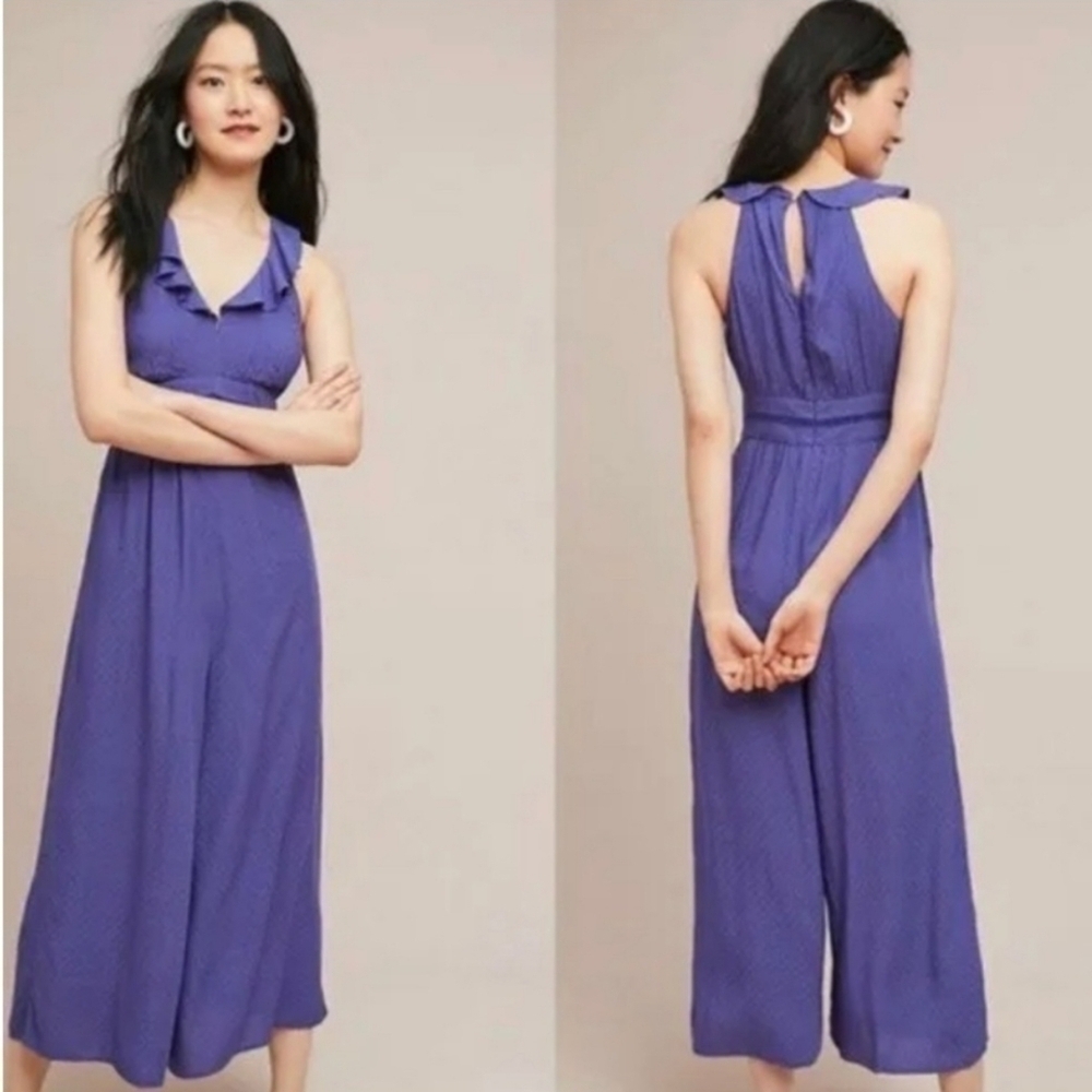 Anthropologie Maeve Justine Wide Leg Sleeveless Blue Polka Dot Jumpsuit Size 10